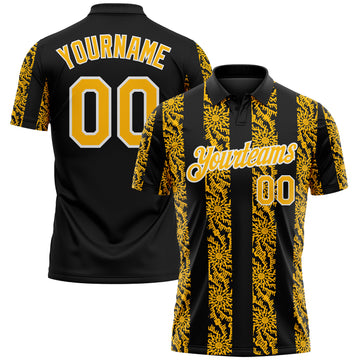 Custom Black Gold-White 3D Pattern Abstract Floral Stripe Tribal Performance Polo Shirt