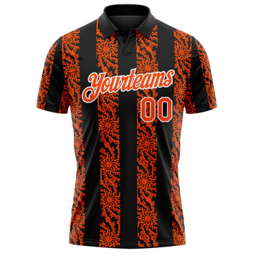 Custom Black Orange-White 3D Pattern Abstract Floral Stripe Tribal Performance Polo Shirt