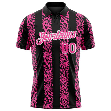 Custom Black Pink-White 3D Pattern Abstract Floral Stripe Tribal Performance Polo Shirt