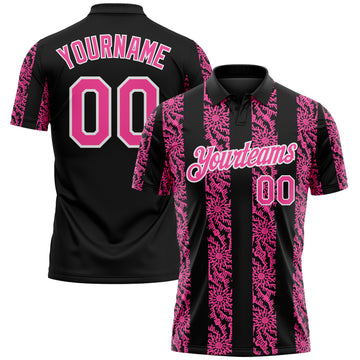 Custom Black Pink-White 3D Pattern Abstract Floral Stripe Tribal Performance Polo Shirt