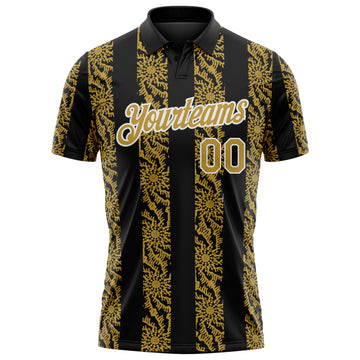Custom Black Old Gold-White 3D Pattern Abstract Floral Stripe Tribal Performance Polo Shirt