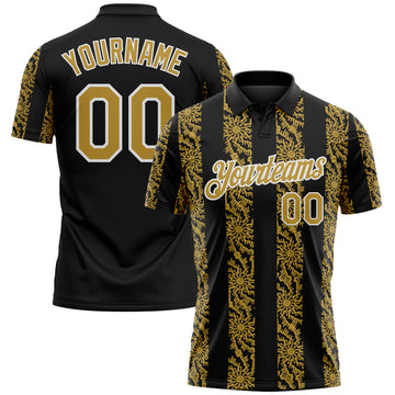 Custom Black Old Gold-White 3D Pattern Abstract Floral Stripe Tribal Performance Polo Shirt