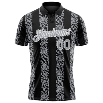 Custom Black Gray-White 3D Pattern Abstract Floral Stripe Tribal Performance Polo Shirt