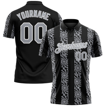 Custom Black Gray-White 3D Pattern Abstract Floral Stripe Tribal Performance Polo Shirt
