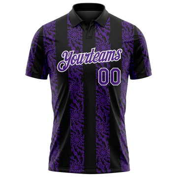 Custom Black Purple-White 3D Pattern Abstract Floral Stripe Tribal Performance Polo Shirt