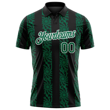 Custom Black Kelly Green-White 3D Pattern Abstract Floral Stripe Tribal Performance Polo Shirt