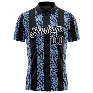 Custom Black Light Blue-White 3D Pattern Abstract Floral Stripe Tribal Performance Polo Shirt