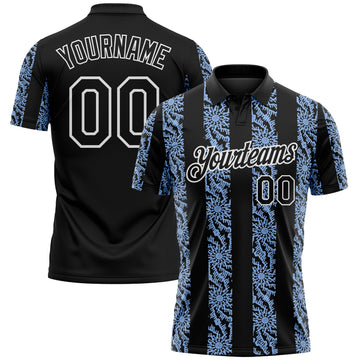 Custom Black Light Blue-White 3D Pattern Abstract Floral Stripe Tribal Performance Polo Shirt