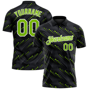 Custom Black Neon Green-White 3D Pattern Slant Lines Cyber Mecha Tech Performance Polo Shirt