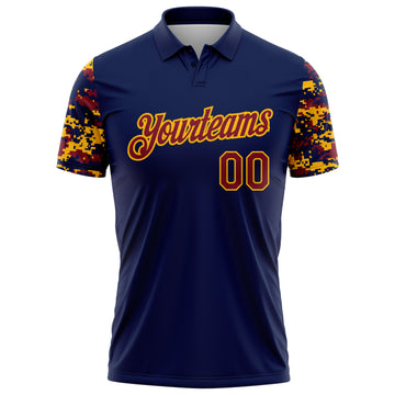 Custom Navy Crimson-Gold Digital Camo Two Tone Performance Polo Shirt