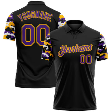 Custom Black Purple Gold-White Digital Camo Two Tone Performance Polo Shirt