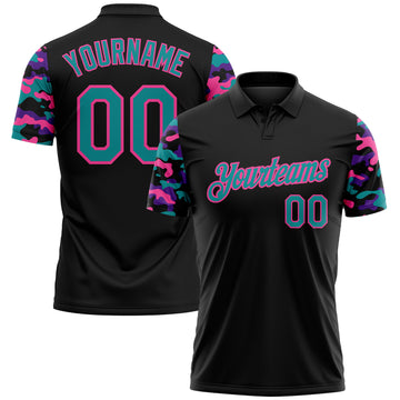 Custom Black Teal Purple-Pink Digital Camo Two Tone Performance Polo Shirt