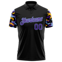 Загрузить изображение в средство просмотра галереи, Custom Black Purple Light Blue-Gold Digital Camo Two Tone Performance Polo Shirt
