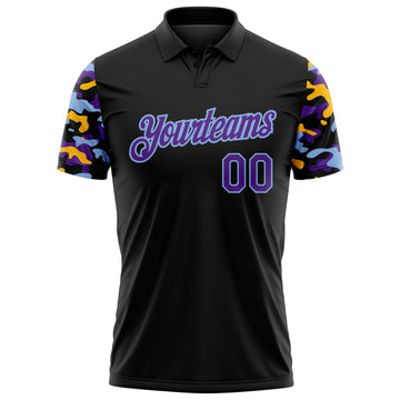 Custom Black Purple Light Blue-Gold Digital Camo Two Tone Performance Polo Shirt
