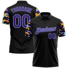 Загрузить изображение в средство просмотра галереи, Custom Black Purple Light Blue-Gold Digital Camo Two Tone Performance Polo Shirt

