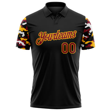 Custom Black Crimson Gold-White Digital Camo Two Tone Performance Polo Shirt