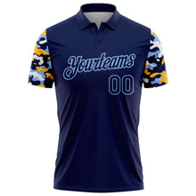 Загрузить изображение в средство просмотра галереи, Custom Navy Light Blue Gold-White Digital Camo Two Tone Performance Polo Shirt
