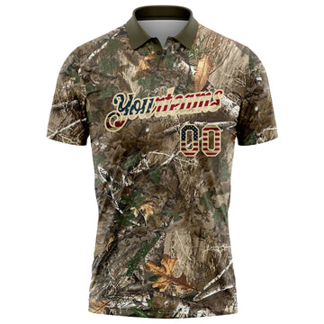 Custom Camo Vintage USA Flag Cream-Olive Camo Woodland Forest Camouflage Salute To Service Patriotic Performance Polo Shirt
