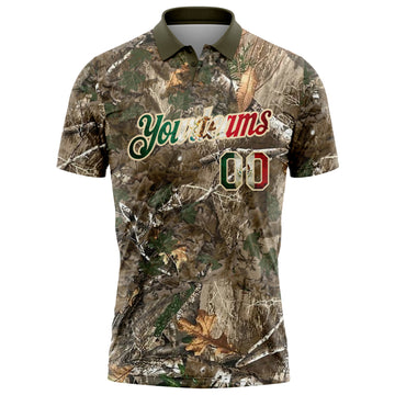 Custom Camo Vintage Mexican Flag Cream-Olive Camo Woodland Forest Camouflage Salute To Service Patriotic Performance Polo Shirt