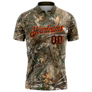 Custom Camo Black Orange-Olive Camo Woodland Forest Camouflage Salute To Service Performance Polo Shirt