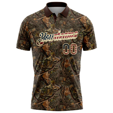 Custom Camo Vintage USA Flag Cream-Brown Camo Woodland Forest Camouflage Salute To Service Patriotic Performance Polo Shirt
