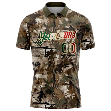 Custom Camo Vintage Mexican Flag Cream-Olive Camo Woodland Forest Camouflage Salute To Service Patriotic Performance Polo Shirt