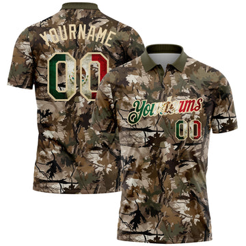 Custom Camo Vintage Mexican Flag Cream-Olive Camo Woodland Forest Camouflage Salute To Service Patriotic Performance Polo Shirt