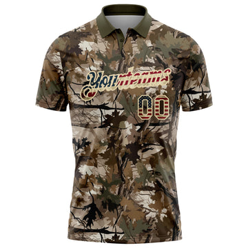 Custom Camo Vintage USA Flag Cream-Olive Camo Woodland Forest Camouflage Salute To Service Patriotic Performance Polo Shirt