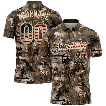 Custom Camo Vintage USA Flag Cream-Olive Camo Woodland Forest Camouflage Salute To Service Patriotic Performance Polo Shirt