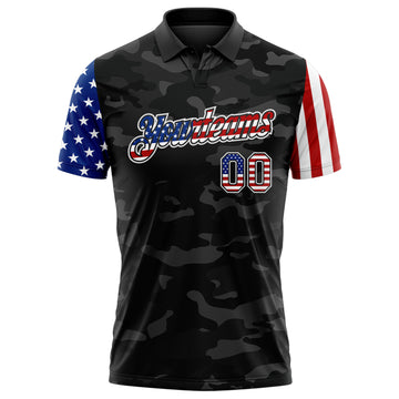 Custom Camo USA Flag Black-White Stars & Stripes Two Tone Salute To Service Patriotic Performance Polo Shirt