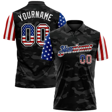 Custom Camo USA Flag Black-White Stars & Stripes Two Tone Salute To Service Patriotic Performance Polo Shirt