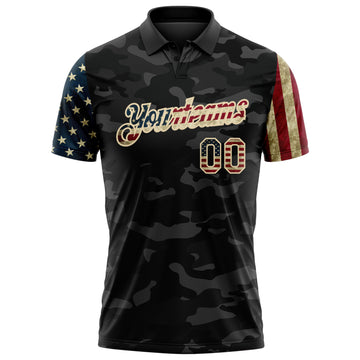 Custom Camo Vintage USA Flag Cream-Black Stars & Stripes Two Tone Salute To Service Patriotic Performance Polo Shirt