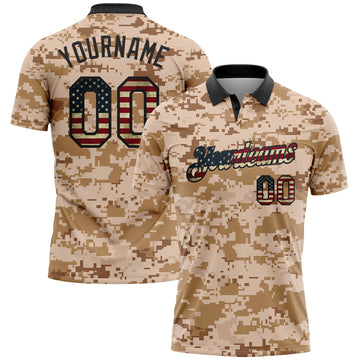 Custom Camo Vintage USA Flag-Black Patriotic Desert Camouflage Performance Polo Shirt