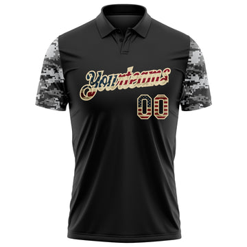 Custom Black Vintage USA Flag-Cream Camo Two Tone Patriotic Performance Polo Shirt