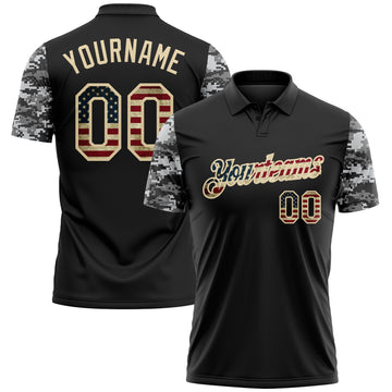 Custom Black Vintage USA Flag-Cream Camo Two Tone Patriotic Performance Polo Shirt