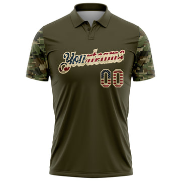 Custom Olive Vintage USA Flag-Cream Camo Two Tone Patriotic Performance Polo Shirt