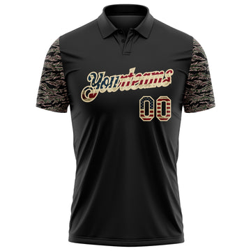 Custom Black Vintage USA Flag-Cream Camo Two Tone Patriotic Performance Polo Shirt