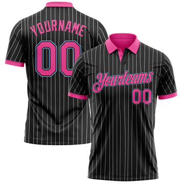 Custom Black White Pinstripe Pink-Light Blue Performance Polo Shirt