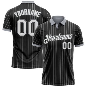 Custom Black White Pinstripe-Gray Performance Polo Shirt