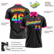 Load image into Gallery viewer, Custom Black White Pinstripe Rainbow-Pink Performance Polo Shirt
