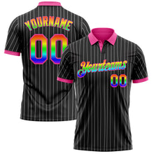 Load image into Gallery viewer, Custom Black White Pinstripe Rainbow-Pink Performance Polo Shirt
