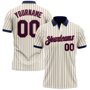Custom Cream Navy Pinstripe-Red Performance Polo Shirt