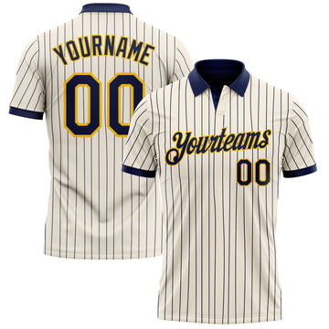 Custom Cream Navy Pinstripe-Yellow Performance Polo Shirt