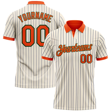 Custom Cream Navy Pinstripe Orange-Green Performance Polo Shirt