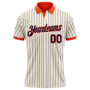 Custom Cream Navy Pinstripe-Orange Performance Polo Shirt