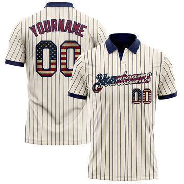 Custom Cream Navy Pinstripe Vintage USA Flag-Crimson Performance Polo Shirt