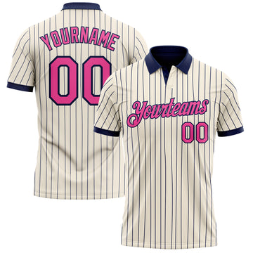 Custom Cream Navy Pinstripe-Pink Performance Polo Shirt
