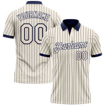 Custom Cream Navy Pinstripe-Navy Performance Polo Shirt