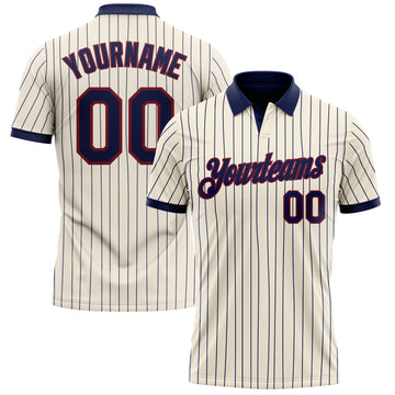 Custom Cream Navy Pinstripe-Crimson Performance Polo Shirt