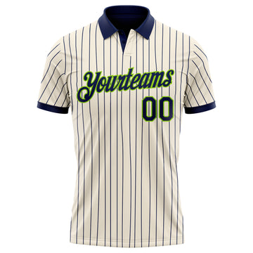 Custom Cream Navy Pinstripe-Neon Green Performance Polo Shirt